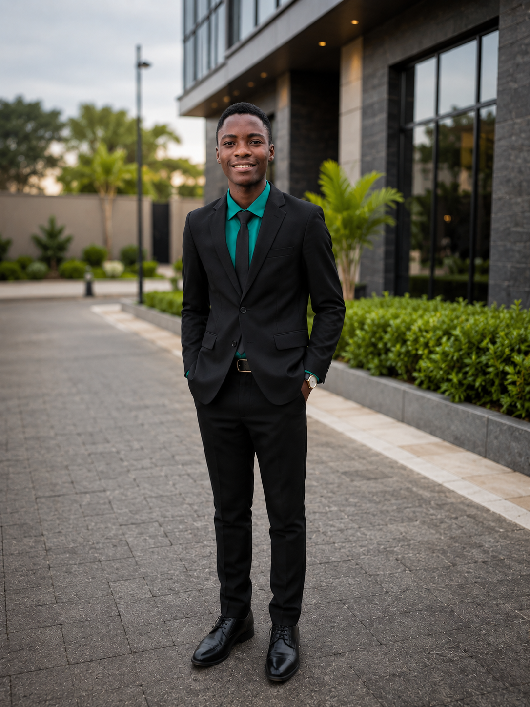 Samuel Ayobami in a black suit with a green shirt and tie